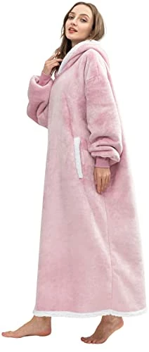 HBlife Oversized Long Wearable Blanket Hoodie For Adult, Thick Sherpa Sweatshirt With Elastic Sleeves And Giant Pockets Super Warm And Cozy Fuzzy Plush Fleece Blanket Jacket, Pink
