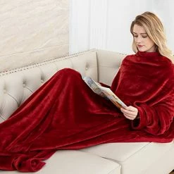 OIGAE Wearable Blanket With Sleeves & Foot Pocket For Women Men Adult, Comfy Fleece Blanket With Snap Button Extra Soft TV Wrap Throw Blanket For Couch Sofa Home Office, 71" X 51", Wine -Electric Blankets Sales Store 416T5pcpPYL
