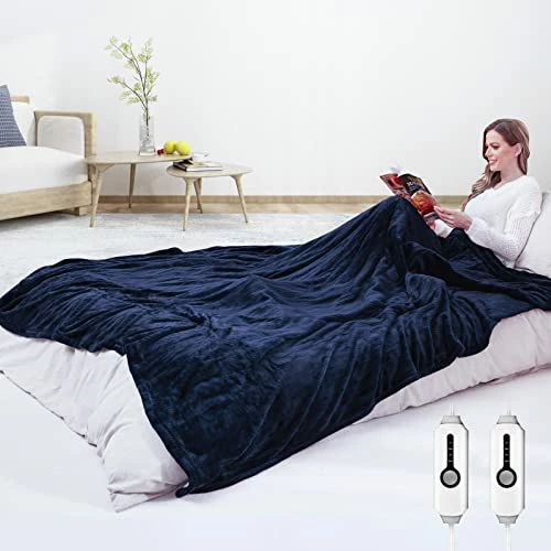 DUODUO Electric Heated Blanket Queen Size 84"x90" With Dual Controls, Reversible Cozy Silky Flannel Fabric With Ribs, Fast Heating With 4 Heating Levels 10 Hours Auto-Off For Bedding-Dark Blue 8 DUODUO Electric Heated Blanket Queen Size 84"x90" With Dual Controls, Reversible Cozy Silky Flannel Fabric With Ribs, Fast Heating With 4 Heating Levels 10 Hours Auto-Off For Bedding-Dark Blue - Image 6