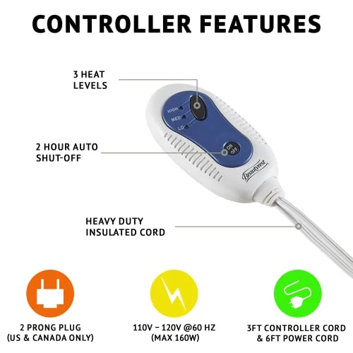 Beautyrest Zuri Reversible Faux Fur To Mink Electric Blanket, Auto Shut Off, Virtually Zero EMF, Multi Heat Setting, UL Certified, Machine Washable, Grey/Blue Throw 50x70 7 Beautyrest Zuri Reversible Faux Fur To Mink Electric Blanket, Auto Shut Off, Virtually Zero EMF, Multi Heat Setting, UL Certified, Machine Washable, Grey/Blue Throw 50x70 - Image 5