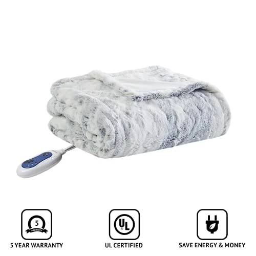 Beautyrest Zuri Reversible Faux Fur To Mink Electric Blanket, Auto Shut Off, Virtually Zero EMF, Multi Heat Setting, UL Certified, Machine Washable, Grey/Blue Throw 50x70 8 Beautyrest Zuri Reversible Faux Fur To Mink Electric Blanket, Auto Shut Off, Virtually Zero EMF, Multi Heat Setting, UL Certified, Machine Washable, Grey/Blue Throw 50x70 - Image 6