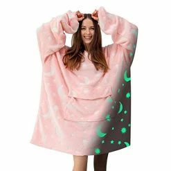 Mewkou Glow In The Dark Wearable Blanket Hoodie For Adult Women Men,Oversized Sherpa Sweatshirt Wearable Blanket With Giant Pocket,Super Warm Soft Flannel Hooded Blanket,Luminous Moon And Stars