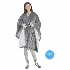 Comfort Spaces Plush To Sherpa Electric Blanket Shoulder And Neck Wrap With Matched Sock Set Ultra Soft And Warm Hypoallergenic Fleece-Reversible Heated Poncho Throw, 50" W X 64" L, Grey -Electric Blankets Sales Store 41hNq4jcduL