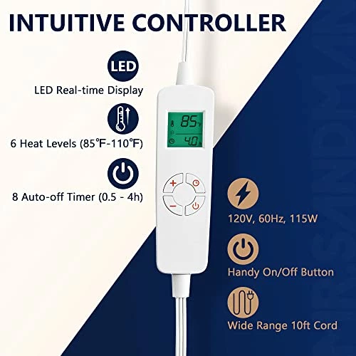 Mr. Sandman Electric Heated Throw Blanket Minky To Sherpa Reversible 50"x60", 6 Heat Settings | 4 Hours Auto-Off | 10s Fast Heating | Machine Washable - Navy Blue 4 Mr. Sandman Electric Heated Throw Blanket Minky To Sherpa Reversible 50"x60", 6 Heat Settings | 4 Hours Auto-Off | 10s Fast Heating | Machine Washable - Navy Blue - Image 2