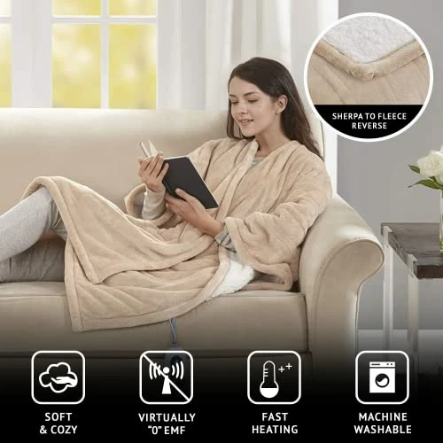 Beautyrest Reversible Sherpa To Fleece Electric Wrap Poncho Blanket Shawl Wearable, Auto Shut Off, Virtually Zero EMF, Multi Heat Setting, UL Certified, Machine Washable, Tan 50" X 64" 4 Beautyrest Reversible Sherpa To Fleece Electric Wrap Poncho Blanket Shawl Wearable, Auto Shut Off, Virtually Zero EMF, Multi Heat Setting, UL Certified, Machine Washable, Tan 50" X 64" - Image 2