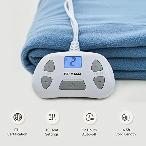PiPiMAMA Electric Heated Blanket Twin Size 62" X 84" ,Ultra Soft Polar Fleece,ETL Certification Fast Heating Blanket With 10 Heat Levels,12 Hours Auto Shut Off,Machine Washable Cloud Blue 4 PiPiMAMA Electric Heated Blanket Twin Size 62" X 84" ,Ultra Soft Polar Fleece,ETL Certification Fast Heating Blanket With 10 Heat Levels,12 Hours Auto Shut Off,Machine Washable Cloud Blue - Image 2