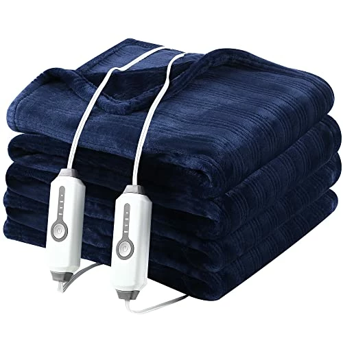 DUODUO Electric Heated Blanket Queen Size 84"x90" With Dual Controls, Reversible Cozy Silky Flannel Fabric With Ribs, Fast Heating With 4 Heating Levels 10 Hours Auto-Off For Bedding-Dark Blue 3 DUODUO Electric Heated Blanket Queen Size 84"x90" With Dual Controls, Reversible Cozy Silky Flannel Fabric With Ribs, Fast Heating With 4 Heating Levels 10 Hours Auto-Off For Bedding-Dark Blue