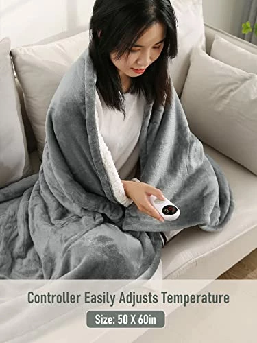 CURECURE Electric Heated Blanket 50" X 60" Soft Heated Throw For Couch, Flannel & Sherpa Reversible, Fast Heating With 6 Temperature Levels & 8hrs Auto Off, Machine Washable And ETL Certification Blue 3 CURECURE Electric Heated Blanket 50" X 60" Soft Heated Throw For Couch, Flannel & Sherpa Reversible, Fast Heating With 6 Temperature Levels & 8hrs Auto Off, Machine Washable And ETL Certification Blue