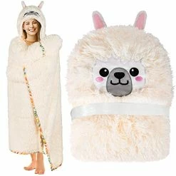 Happy Fuel Llama Alpaca Wearable Hooded Blanket For Adults - Fluffy Super Soft Shaggy Faux Fur, Fuzzy Warm Cozy Plush Furry Fleece & Sherpa Hoodie Throw Cloak Wrap - Llama Gifts For Women Adults And Kids