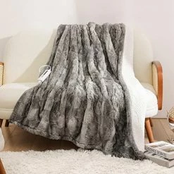 Coomiss Electric Heated Blanket 50" X 60" Luxury Faux Fur Sherpa Fast Heating Blanket ETL Certification With 5 Heating Levels 3 Hours Auto Off Machine Washable Grey