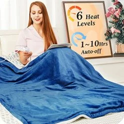 STARKIT Mia&Coco Electric Heated Blanket Throw Flannel Sherpa Fast Heating 50"x60", 6 Heating Levels & Up-to-10-Hours Auto-Off Timer & LED Display, For Home Office Use, Machine Washable, ETL Certified, Blue