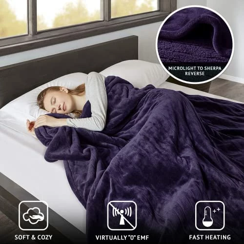 Beautyrest Reversible Microlight To Sherpa Electric Blanket, Auto Shut Off, Virtually Zero EMF, Multi Heat Setting, UL Certified, Machine Washable, Purple Full (84 Inx80 In) 4 Beautyrest Reversible Microlight To Sherpa Electric Blanket, Auto Shut Off, Virtually Zero EMF, Multi Heat Setting, UL Certified, Machine Washable, Purple Full (84 Inx80 In) - Image 2