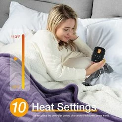 [5 Year Warranty] WOOMER Electric Heated Throw Blanket, Soft Flannel Fast Heating Blanket With Multi-Color Option, Queen Size 84"x 90", 10 Heating Levels & 0.5-12H Auto Off, Over-Heat Protection Purple -Electric Blankets Sales Store 51AKTtYum6L