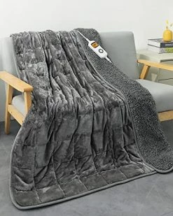 Heated Weighted Blanket, Cottonblue Sherpa Fleece Electric Throw Blanket 15 Lbs For Adult, Fast Heating Blanket Twin-Size With 10 Heating Levels 1-10 Hours Timer Auto Off, 48 X 72 Inches, Grey