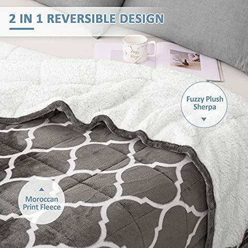 Sherpa Weighted Blanket 15 Lbs,Drewin Moroccan Print Flannel Fleece Soft Weighted Blanket For Adult (130lbs-180lbs),Fuzzy Plush Heavy Throw Blanket For Warm Winter Gifts,Grey 60x80 Inches 4 Sherpa Weighted Blanket 15 Lbs,Drewin Moroccan Print Flannel Fleece Soft Weighted Blanket For Adult (130lbs-180lbs),Fuzzy Plush Heavy Throw Blanket For Warm Winter Gifts,Grey 60x80 Inches - Image 2