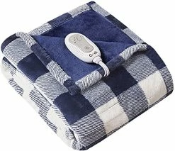 Codi Soft Plush Electric Heated Blanket Throw, Blue Plaid Microlight Therapedic Throws | 3 Heat Setting With Auto Shut Off, 6ft Power Cord, | Washable