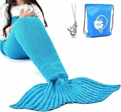 LAGHCAT Mermaid Tail Blanket Crochet Mermaid Blanket For Adult, Soft All Seasons Sleeping Blankets, Classic Pattern (71"x35.5", Blue)