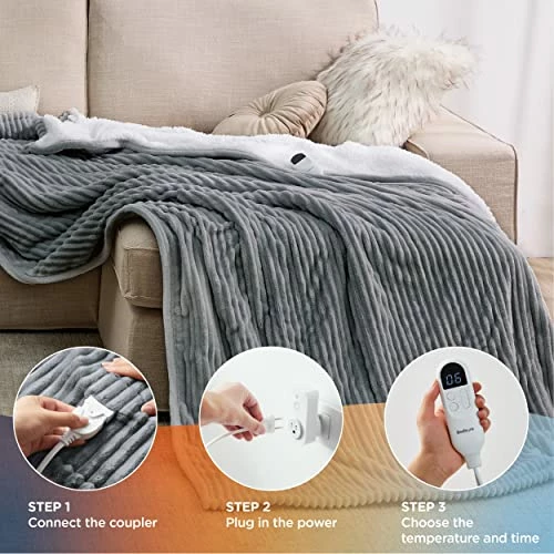 Bedsure Heated Blanket Electric Throw - Soft Ribbed Fleece Fast Heating Electric Blanket With 6 Heating Levels & 4 Time Settings, 3 Hours Auto-Off (50×60 Inches, Dark Grey) 7 Bedsure Heated Blanket Electric Throw - Soft Ribbed Fleece Fast Heating Electric Blanket With 6 Heating Levels & 4 Time Settings, 3 Hours Auto-Off (50×60 Inches, Dark Grey) - Image 5
