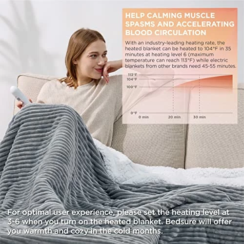 Bedsure Heated Blanket Electric Throw - Soft Ribbed Fleece Fast Heating Electric Blanket With 6 Heating Levels & 4 Time Settings, 3 Hours Auto-Off (50×60 Inches, Dark Grey) 4 Bedsure Heated Blanket Electric Throw - Soft Ribbed Fleece Fast Heating Electric Blanket With 6 Heating Levels & 4 Time Settings, 3 Hours Auto-Off (50×60 Inches, Dark Grey) - Image 2
