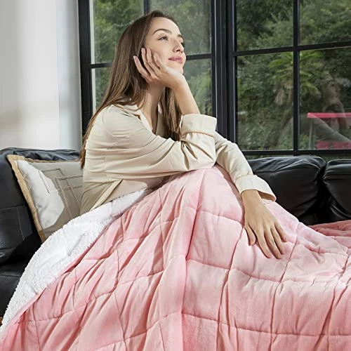 HOSUKKO Weighted Blanket - Pink 60"x80" 15lbs Flannel Sherpa Breathable Soft Warm Thick Heavy Blanket With Premium 0.8mm Glass Beads Big Winter Blanket Throw For Adult 4 HOSUKKO Weighted Blanket - Pink 60"x80" 15lbs Flannel Sherpa Breathable Soft Warm Thick Heavy Blanket With Premium 0.8mm Glass Beads Big Winter Blanket Throw For Adult - Image 2