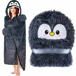 Happy Fuel Penguin Wearable Hooded Blanket For Adults - Fluffy Super Soft Shaggy Faux Fur, Fuzzy Warm Cozy Plush Furry Fleece & Sherpa Hoodie Throw Cloak Wrap - Penguin Gifts For Women Adults And Kids Charcoal