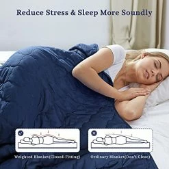 S A G I N O Weighted Blanket & Sleep Mask For Adults - Twin Size, 60"x80", 15lbs - Heavy Cooling Blankets With Premium Glass Bead For Restlessness, Navy (Inner Layer Grey)