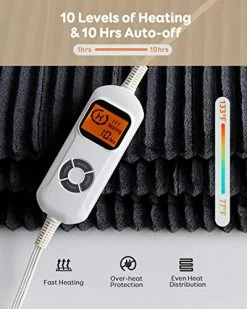 Pawque Heated Blanket Electric Throw, Soft Sherpa & Flannel Electric Blanket Reversible, 10 Heat Settings & 10Hrs Timer Auto Off Christmas Blanket, Fast Heating Machine Washable, 50" X 60" Dark Grey -Electric Blankets Sales Store 51d5KzclD4L