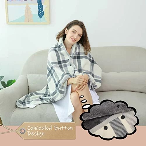 XING YE CHUAN Fleece Wearable Blanket, Comfy Poncho Throw With Buttons, Plush Sleeveless Blankets, For Women Cape Wrap Cover For Lightweight Microfiber Plaid Design (White) 4 XING YE CHUAN Fleece Wearable Blanket, Comfy Poncho Throw With Buttons, Plush Sleeveless Blankets, For Women Cape Wrap Cover For Lightweight Microfiber Plaid Design (White) - Image 2