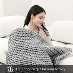 Zonli Cooling Knitted Weighted Blanket 20 Lbs (Light Grey, 60''x80''), Hand Made Chunky Knit Weighted Blanket Queen Size For Home Decor, Couch & Bed, Machine Washable, For One Person (~190lbs)