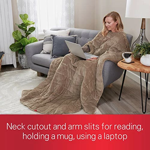 Sunbeam Extra Warm Weighted Blanket | 15 Pounds, Reversible Plush Velvet/Microfiber With Arm Slits And Neck Cutout, 54” X 73”, Mushroom 4 Sunbeam Extra Warm Weighted Blanket | 15 Pounds, Reversible Plush Velvet/Microfiber With Arm Slits And Neck Cutout, 54” X 73”, Mushroom - Image 2