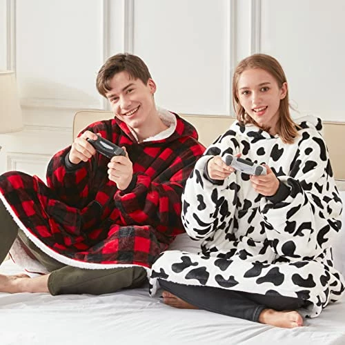 OCTROT Wearable Blanket Hoodie, Fuzzy Soft Sherpa Oversized Blanket Sweatshirts For Women Men, Large Warm Cozy Plush Fleece Hooded Blankets Sweater With Giant Front Pocket For Adults Teens(Dairy Cow) 6 OCTROT Wearable Blanket Hoodie, Fuzzy Soft Sherpa Oversized Blanket Sweatshirts For Women Men, Large Warm Cozy Plush Fleece Hooded Blankets Sweater With Giant Front Pocket For Adults Teens(Dairy Cow) - Image 4