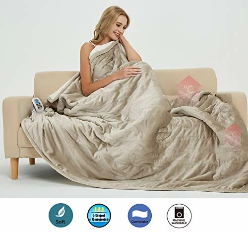 Marquess Twin Electric Blanket Heated Sherpa And Reversible Flannel Washable Throw ,Fast-Heating Full Body Warming Soft With 10 Heat Settings/Safety 10 Hours Auto-Off Controller (62x84''Linen Light Brown 4 Marquess Twin Electric Blanket Heated Sherpa And Reversible Flannel Washable Throw ,Fast-Heating Full Body Warming Soft With 10 Heat Settings/Safety 10 Hours Auto-Off Controller (62x84''Linen Light Brown - Image 2