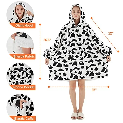 OCTROT Wearable Blanket Hoodie, Fuzzy Soft Sherpa Oversized Blanket Sweatshirts For Women Men, Large Warm Cozy Plush Fleece Hooded Blankets Sweater With Giant Front Pocket For Adults Teens(Dairy Cow) 7 OCTROT Wearable Blanket Hoodie, Fuzzy Soft Sherpa Oversized Blanket Sweatshirts For Women Men, Large Warm Cozy Plush Fleece Hooded Blankets Sweater With Giant Front Pocket For Adults Teens(Dairy Cow) - Image 5