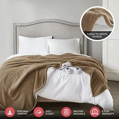 Serta Reversible Fleece To Sherpa Electric Blanket Fast Heating Soft Cover, Safety Auto Shut Off Timer, Low EMF, Multi Heat Setting, ETL Certified, Machine Washable, Stone Brown King (90 In X 100 In)