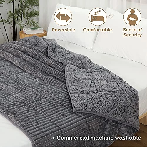 Sherpa Fleece Weighted Blanket For Adult 48x72 Inches, Netoolen 15lbs Heavy Thick Soft Cozy Fuzzy Striped Flannel Reversible Throw Blanket For Bed Couch Sofa, Grey (48x72in,15 Pounds) 4 Sherpa Fleece Weighted Blanket For Adult 48x72 Inches, Netoolen 15lbs Heavy Thick Soft Cozy Fuzzy Striped Flannel Reversible Throw Blanket For Bed Couch Sofa, Grey (48x72in,15 Pounds) - Image 2