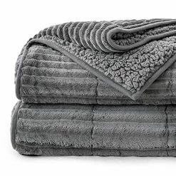 Lofus Sherpa Fleece Weighted Blanket, 15 Lbs Ribbed Microfiber Heavy Blanket, Mink Stripe Throw Blanket, Reversible Fluffy Sherpa Super Soft Warm, 60 X 80 Inches, Grey
